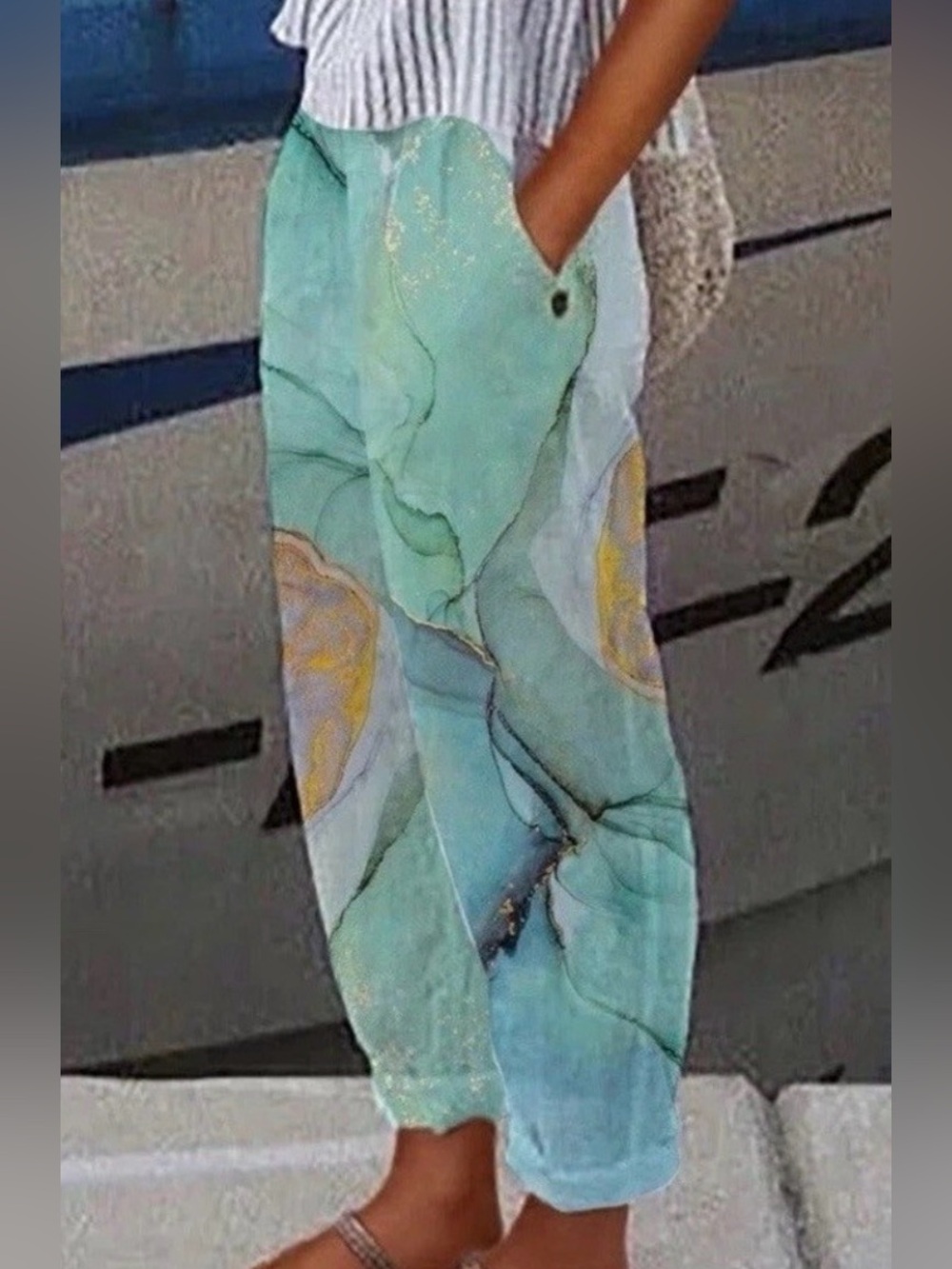 NWT New Noracora Relaxed Green Marble Print Pants Large L Boho Beach